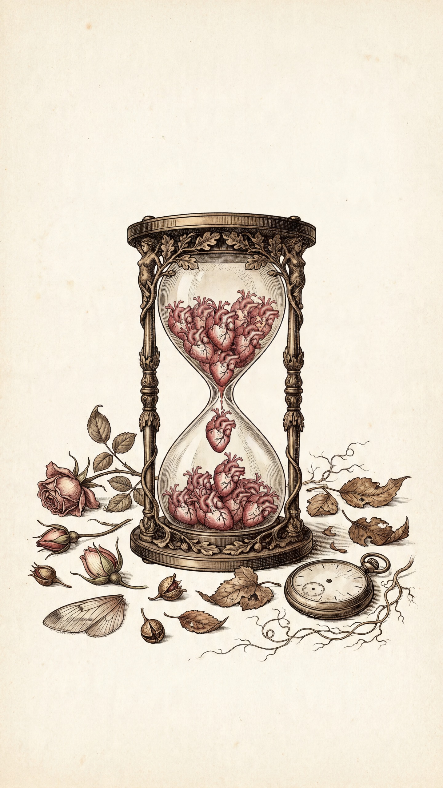 An anatomical botanical lithograph hourglass filled with human hearts, representing precious human time